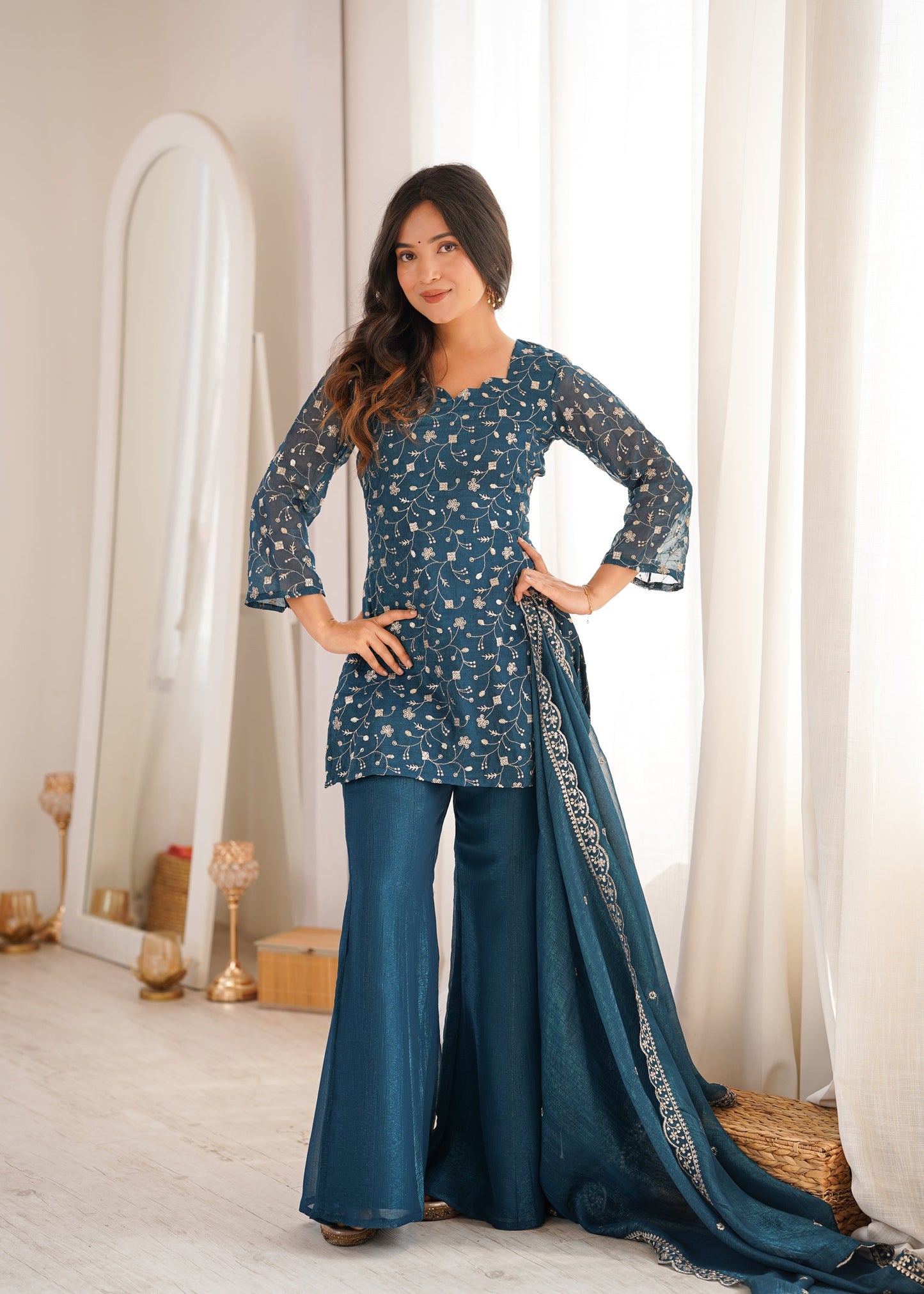 Lorenvalley Fashion Rama Crunchy Silk With Embroidery Sequence Jari Work Kurta Bell Bottom Pant With Dupatta