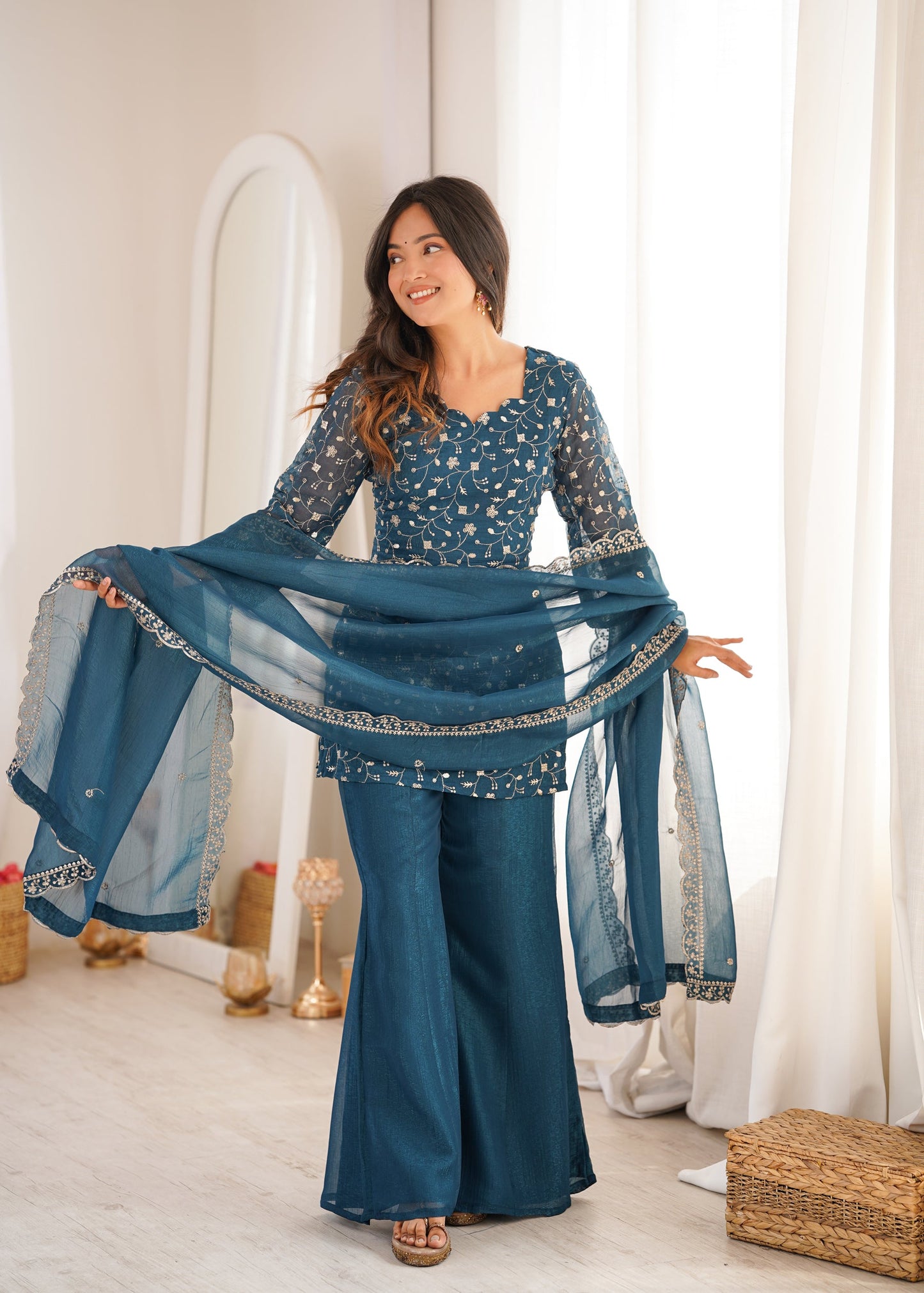 Lorenvalley Fashion Rama Crunchy Silk With Embroidery Sequence Jari Work Kurta Bell Bottom Pant With Dupatta