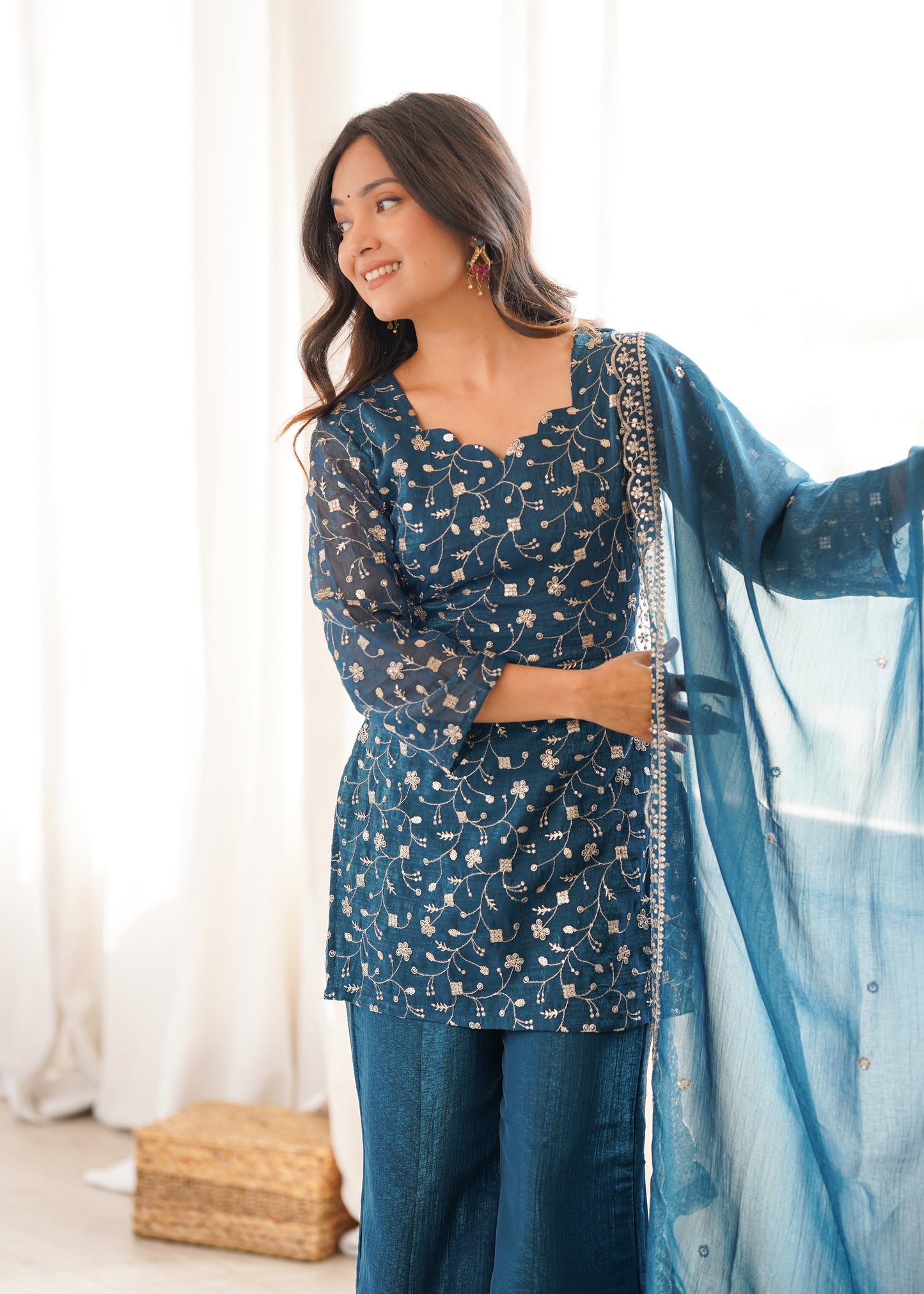 Lorenvalley Fashion Rama Crunchy Silk With Embroidery Sequence Jari Work Kurta Bell Bottom Pant With Dupatta