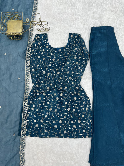 Lorenvalley Fashion Rama Crunchy Silk With Embroidery Sequence Jari Work Kurta Bell Bottom Pant With Dupatta