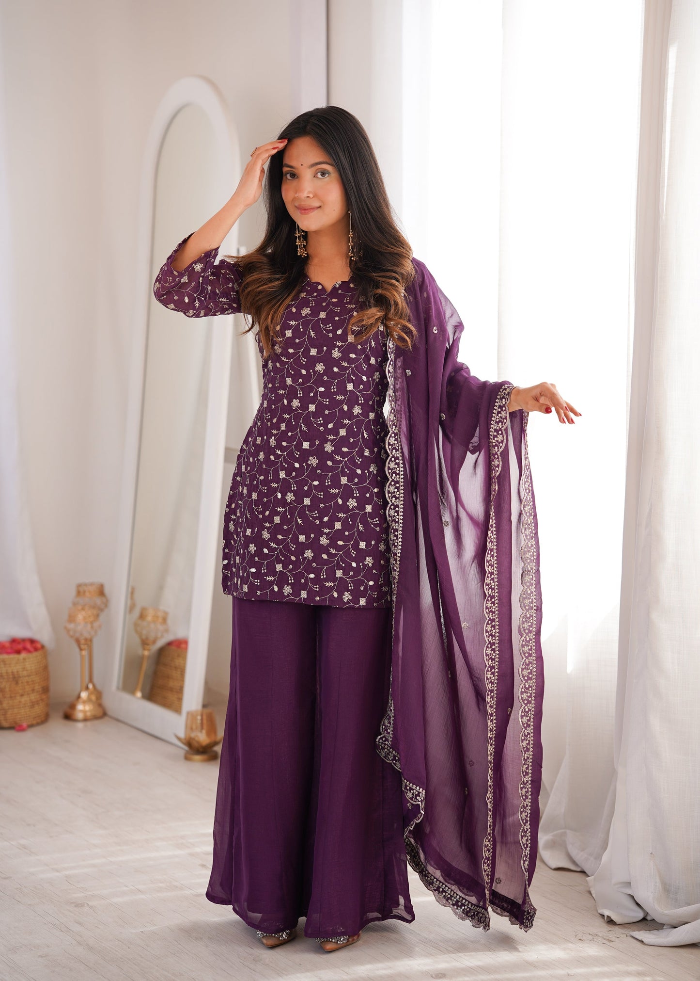Lorenvalley Fashion Wine Crunchy Silk with Embroidery Sequence Jari work Kurta Bell Bottom Pant with Dupatta