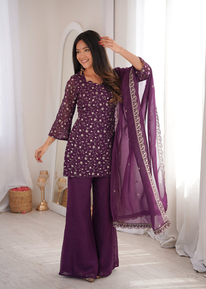 Lorenvalley Fashion Wine Crunchy Silk with Embroidery Sequence Jari work Kurta Bell Bottom Pant with Dupatta