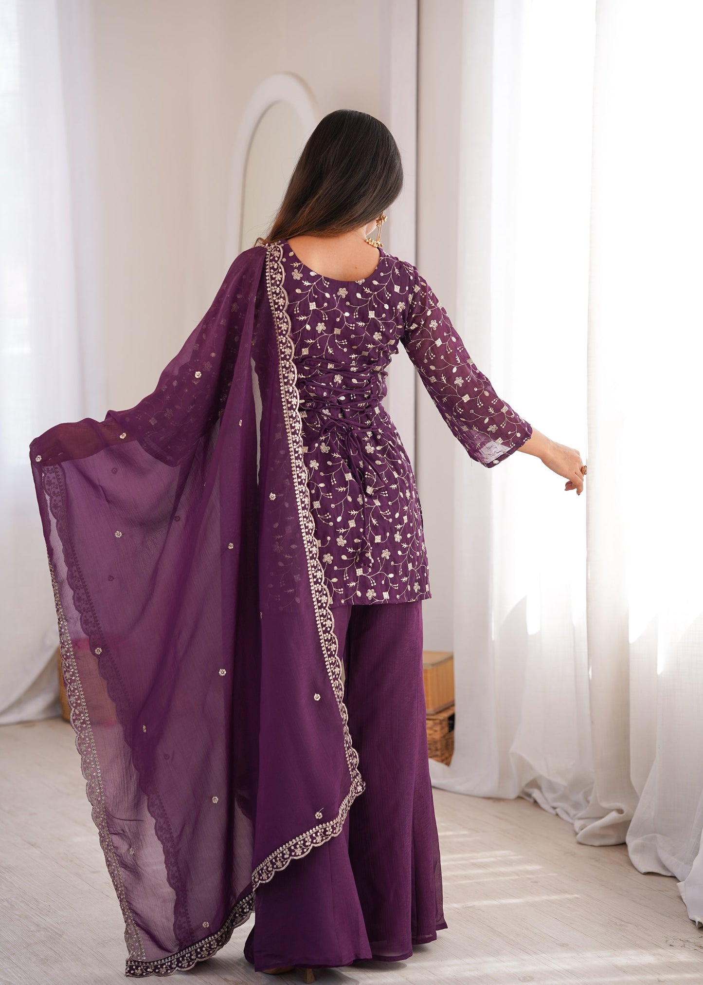 Lorenvalley Fashion Wine Crunchy Silk with Embroidery Sequence Jari work Kurta Bell Bottom Pant with Dupatta