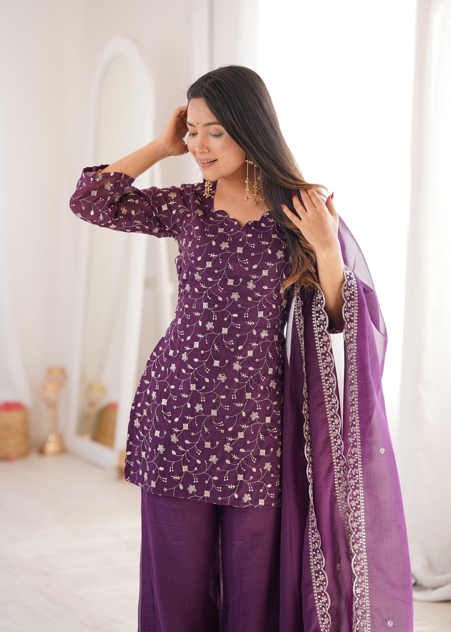 Lorenvalley Fashion Wine Crunchy Silk with Embroidery Sequence Jari work Kurta Bell Bottom Pant with Dupatta