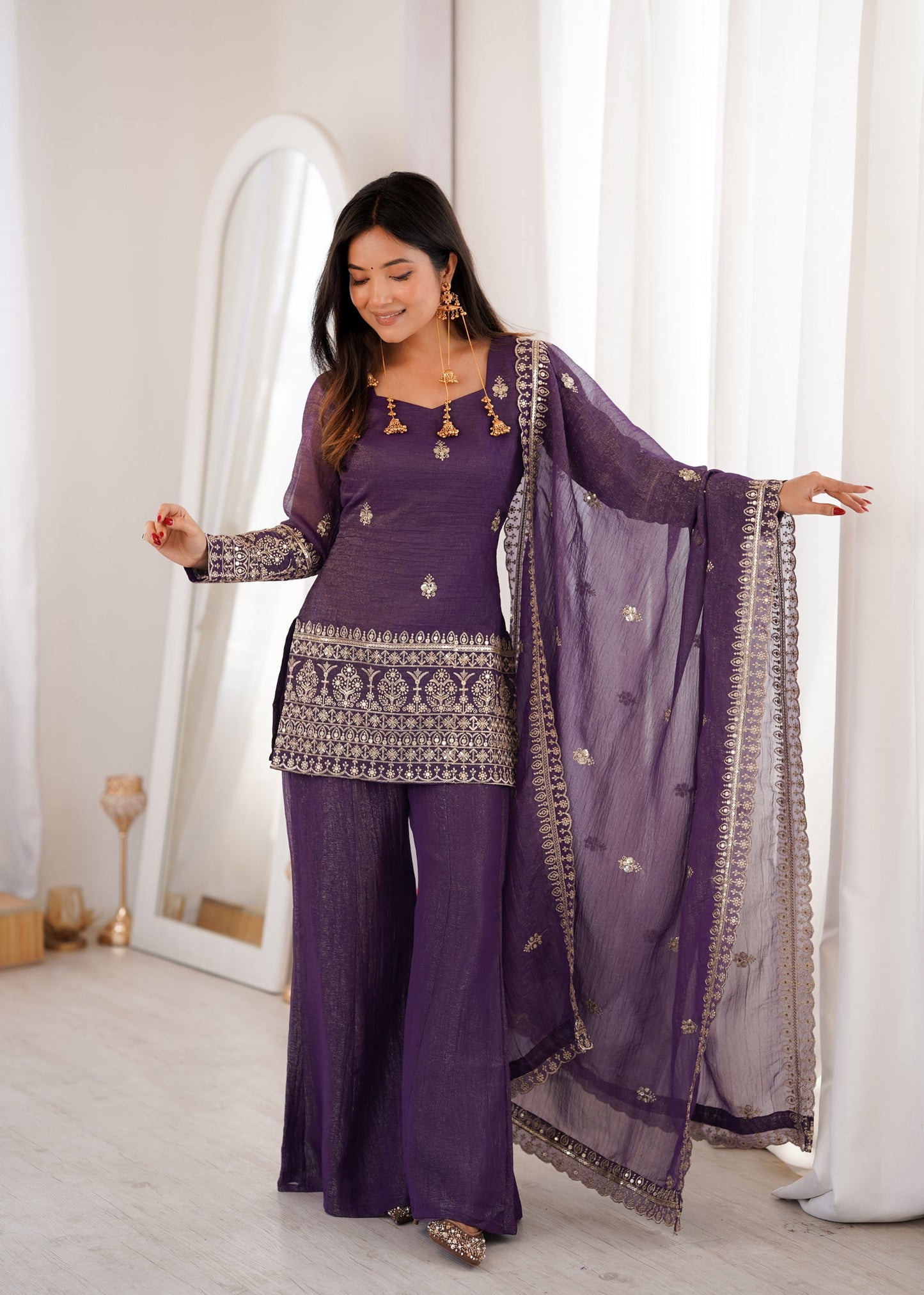 Lorenvalley Fashion Purple Crunchy Silk With Embroidery Sequence And Jari Work Kurta Bell Bottom Pant With Dupatta
