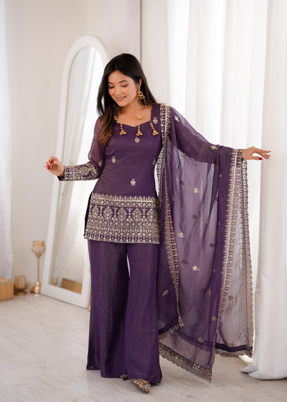 Lorenvalley Fashion Purple Crunchy Silk With Embroidery Sequence And Jari Work Kurta Bell Bottom Pant With Dupatta