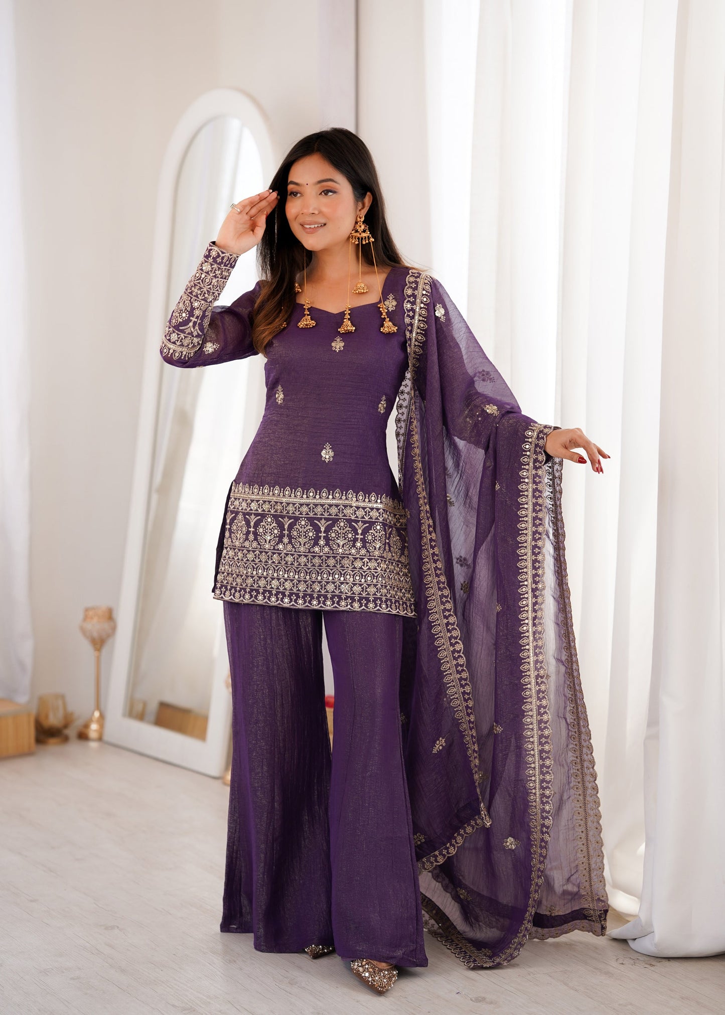 Lorenvalley Fashion Purple Crunchy Silk With Embroidery Sequence And Jari Work Kurta Bell Bottom Pant With Dupatta