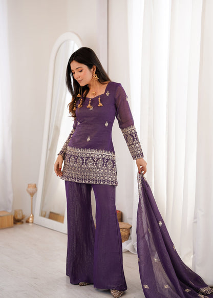 Lorenvalley Fashion Purple Crunchy Silk With Embroidery Sequence And Jari Work Kurta Bell Bottom Pant With Dupatta