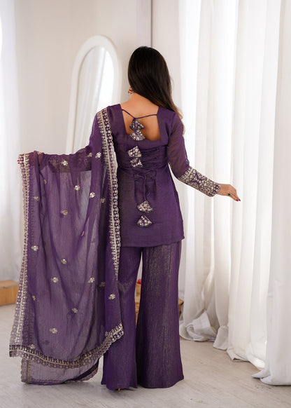Evanik Purple Crunchy Silk Embroidery Sequins and Zari Work Kurta Pants with Dupatta