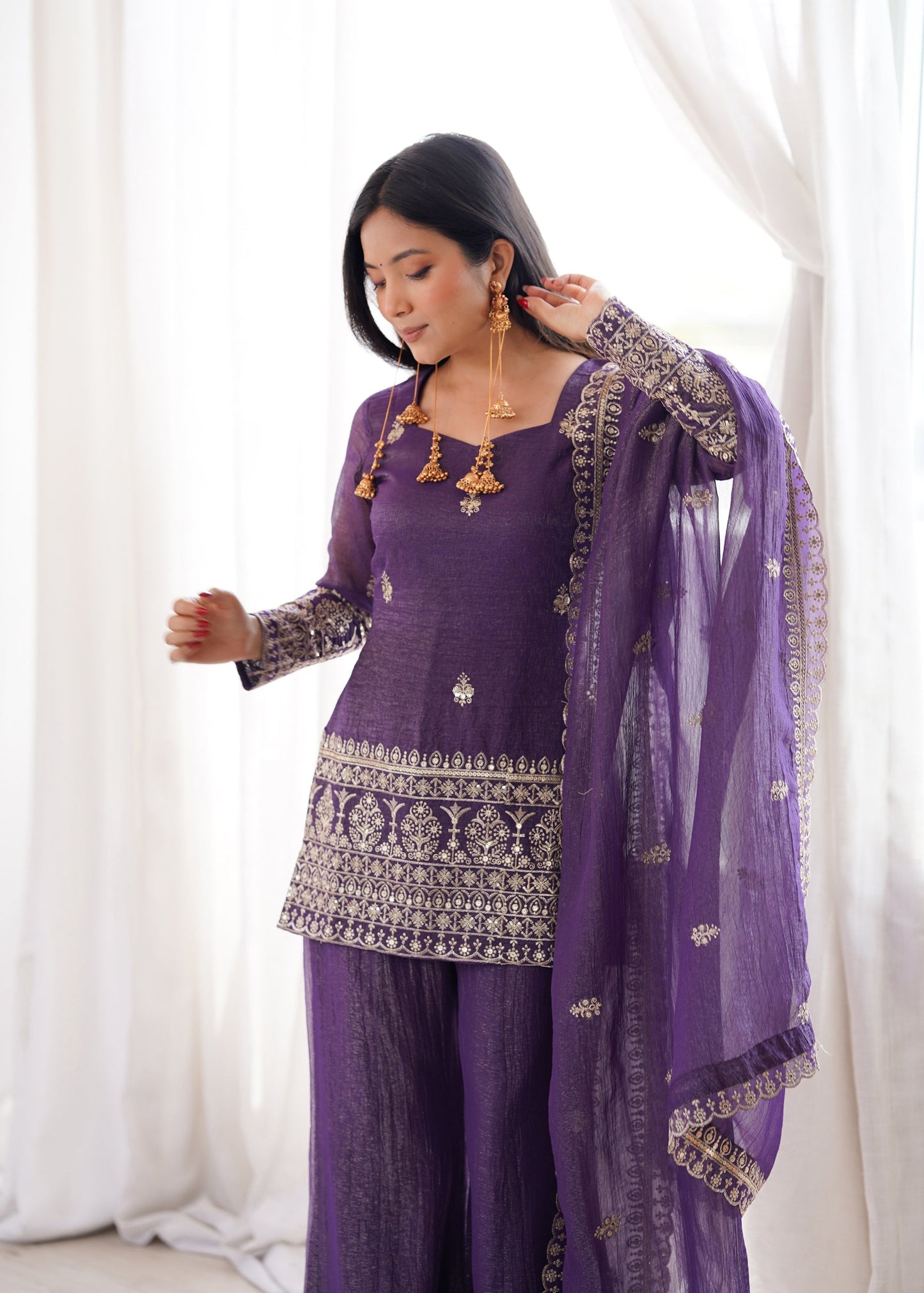 Lorenvalley Fashion Purple Crunchy Silk With Embroidery Sequence And Jari Work Kurta Bell Bottom Pant With Dupatta