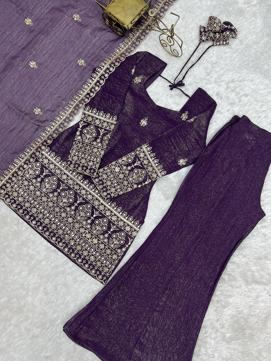 Evanik Purple Crunchy Silk Embroidery Sequins and Zari Work Kurta Pants with Dupatta