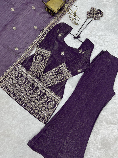 Evanik Purple Crunchy Silk Embroidery Sequins and Zari Work Kurta Pants with Dupatta