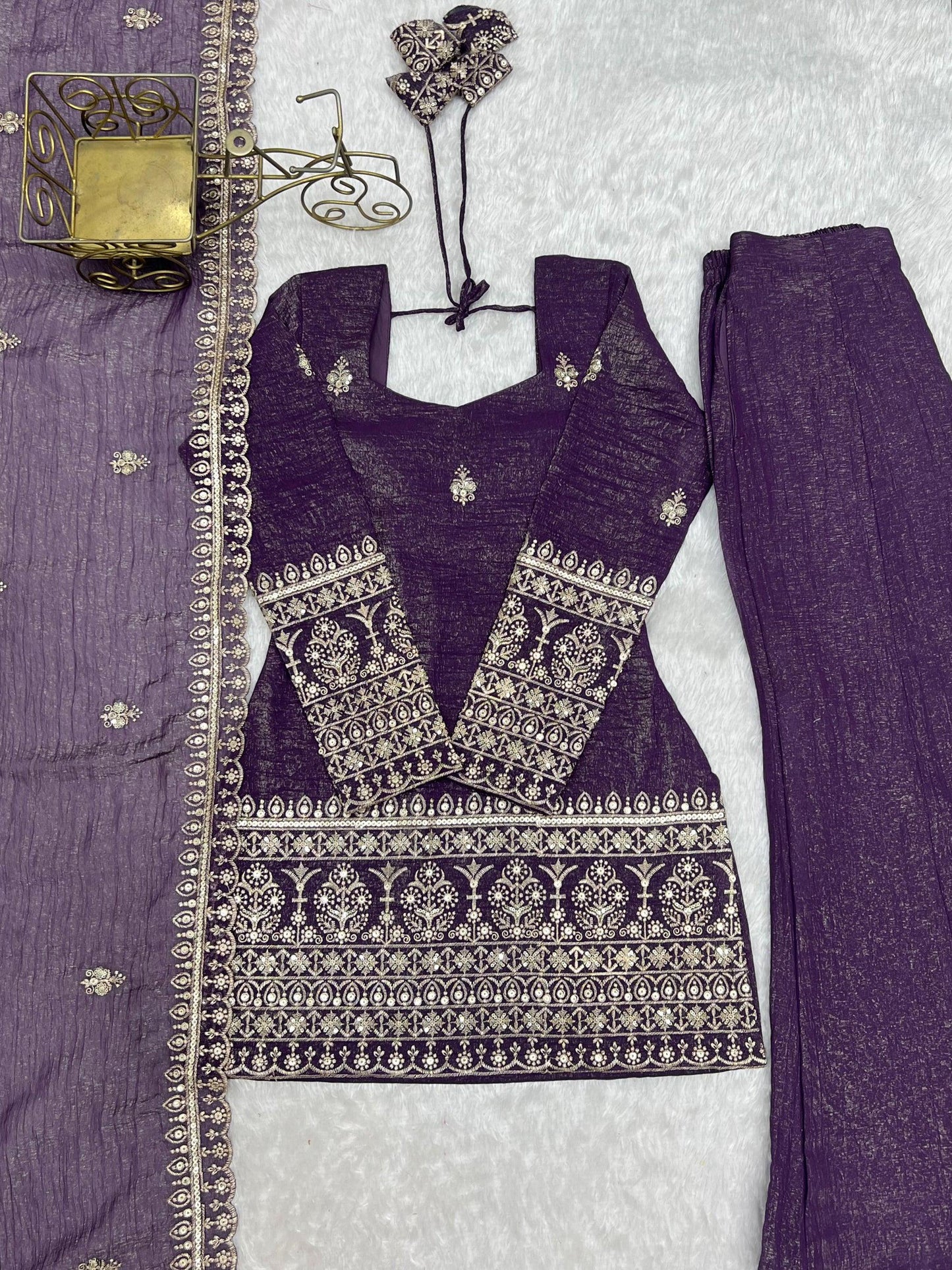 Lorenvalley Fashion Purple Crunchy Silk With Embroidery Sequence And Jari Work Kurta Bell Bottom Pant With Dupatta