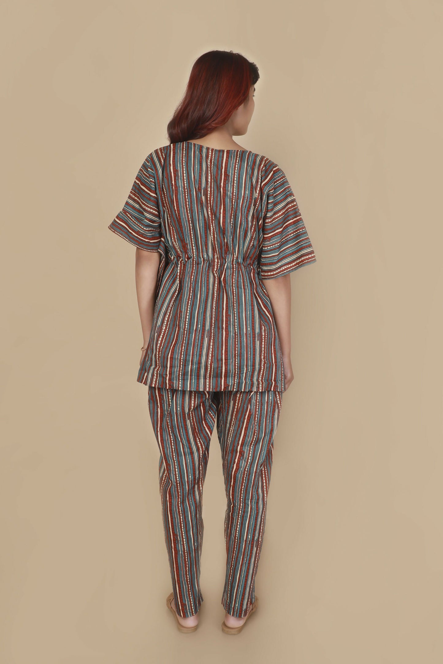 Breathables WomenS Loungewear Kaftan Cotton Aqua Blue Stripes Print Co-Ord Set