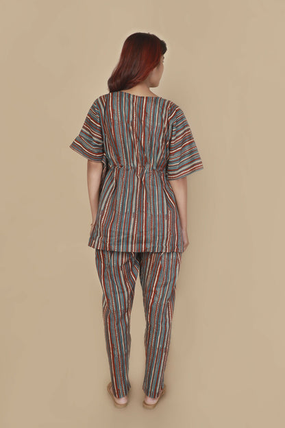 Breathables WomenS Loungewear Kaftan Cotton Aqua Blue Stripes Print Co-Ord Set