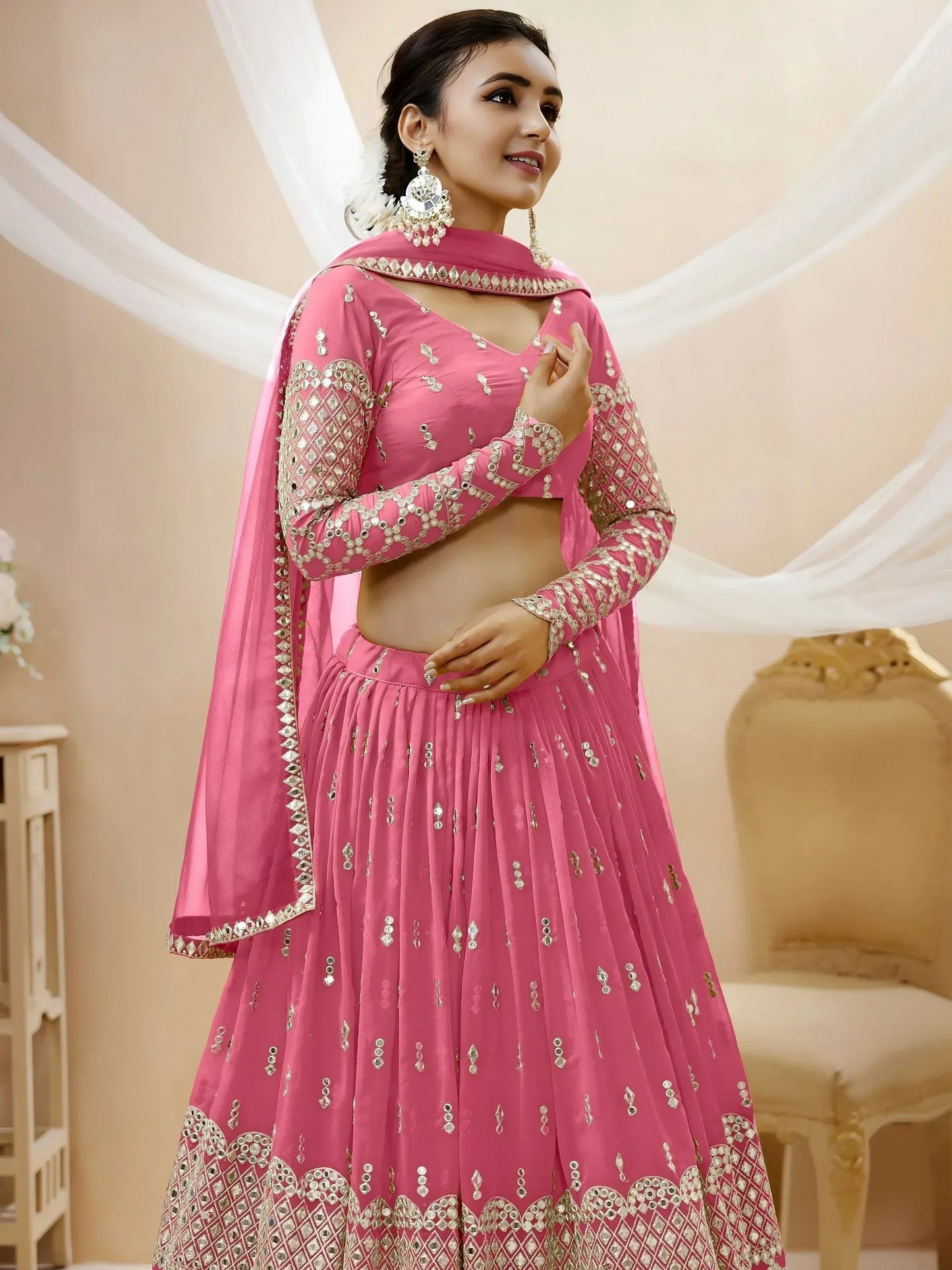 Tulsi Art Glamorous Pink Sequins Georgette Engagement Wear Lehenga Choli