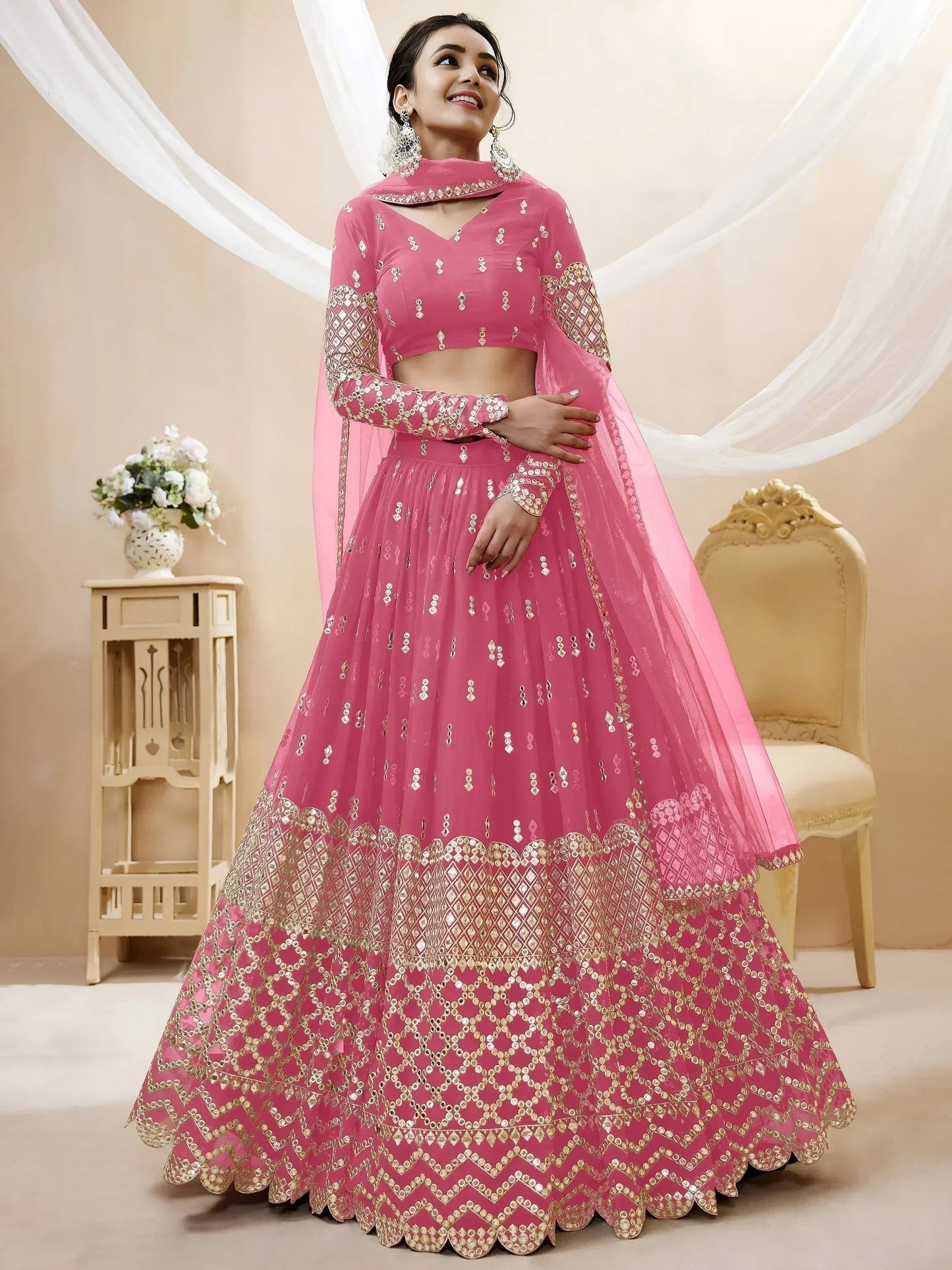 Tulsi Art Glamorous Pink Sequins Georgette Engagement Wear Lehenga Choli