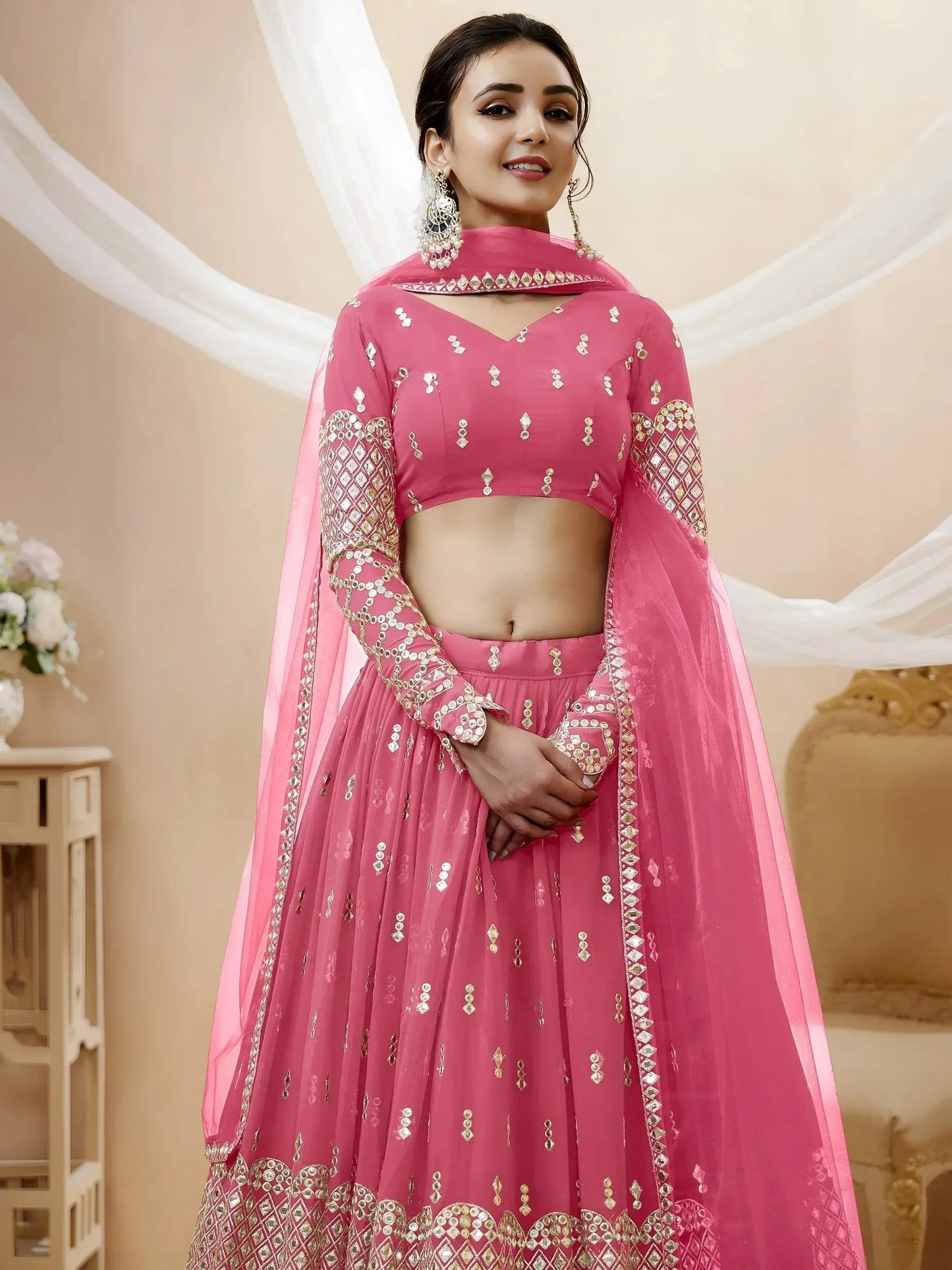 Tulsi Art Glamorous Pink Sequins Georgette Engagement Wear Lehenga Choli