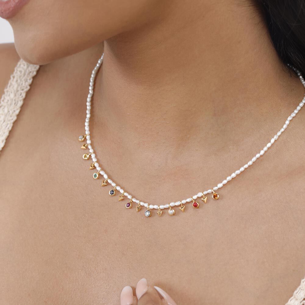 Navratna Charm Diamond Necklace in 14K Yellow Gold, 0.012 ct