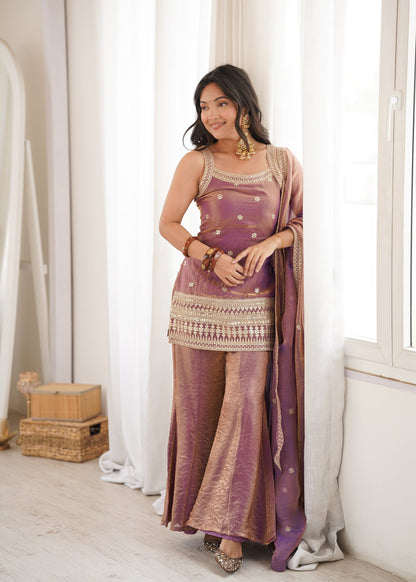 Lorenvalley Fashion Dustypink Fendy Silk Fabric With Embroidery Sequence Dori And Jari Work Bell Bottom Pant With Dupatta