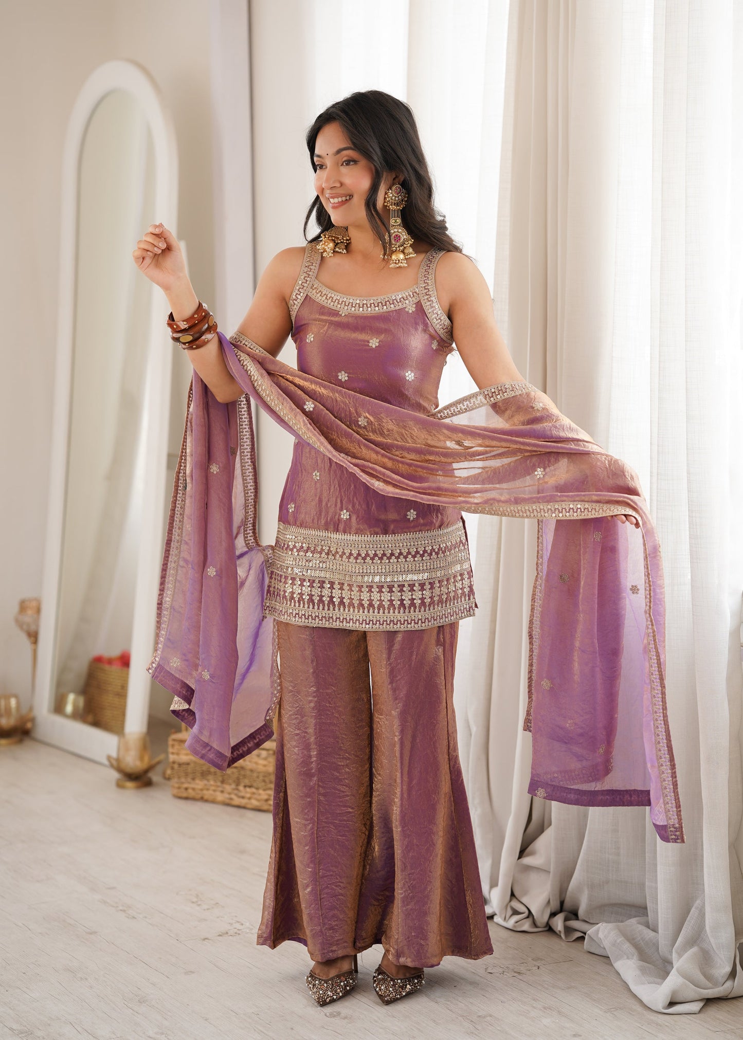 Lorenvalley Fashion Dustypink Fendy Silk Fabric With Embroidery Sequence Dori And Jari Work Bell Bottom Pant With Dupatta