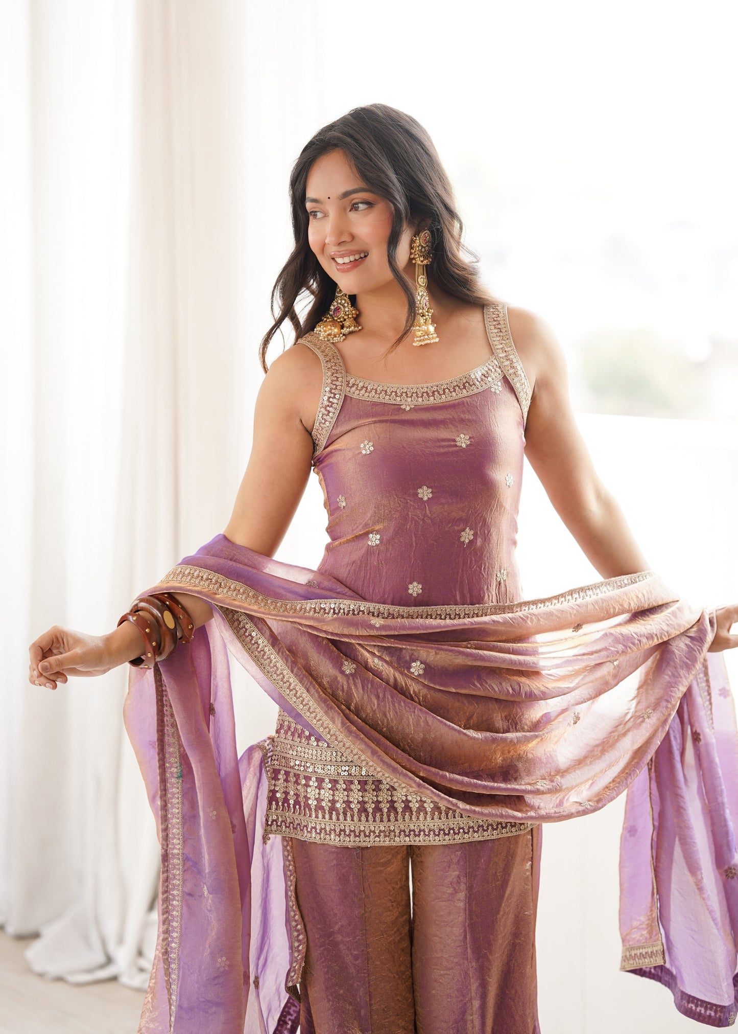 Lorenvalley Fashion Dustypink Fendy Silk Fabric With Embroidery Sequence Dori And Jari Work Bell Bottom Pant With Dupatta