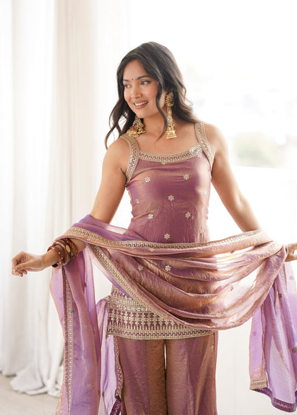 Lorenvalley Fashion Dustypink Fendy Silk Fabric With Embroidery Sequence Dori And Jari Work Bell Bottom Pant With Dupatta