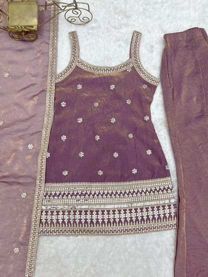 Lorenvalley Fashion Dustypink Fendy Silk Fabric With Embroidery Sequence Dori And Jari Work Bell Bottom Pant With Dupatta