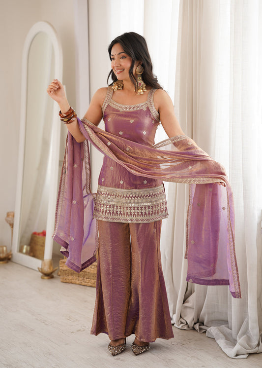 Evanik Dusty Pink Fendi Silk Embroidery Sequins and Zari Work Kurta Pants with Dupatta