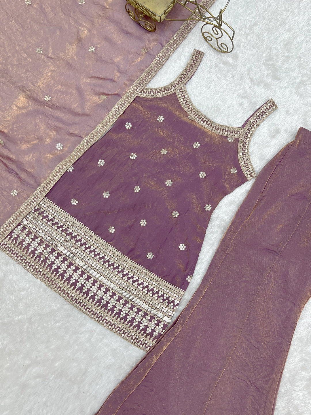 Evanik Dusty Pink Fendi Silk Embroidery Sequins and Zari Work Kurta Pants with Dupatta