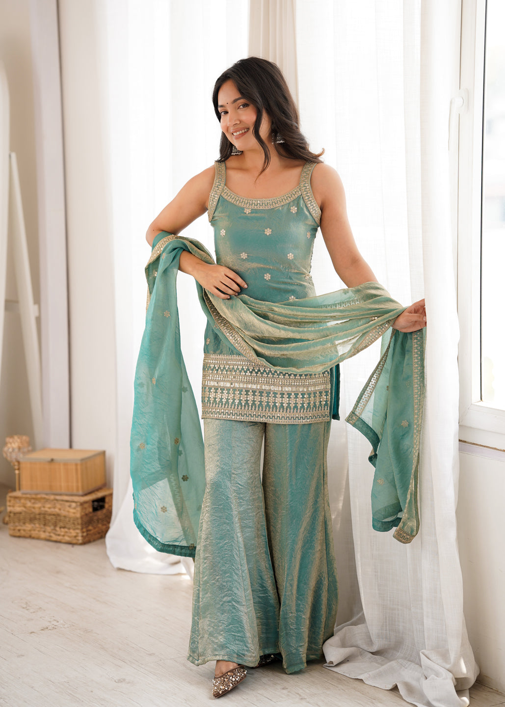 Evanik Seagreen Fendi Silk Embroidery Sequins and Zari Work Kurta Pants with Dupatta