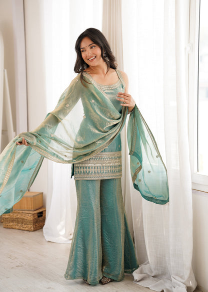 Lorenvalley Fashion Seagreen Fendy Silk Fabric With Embroidery Sequence Dori And Jari Work Bell Bottom Pant With Dupatta