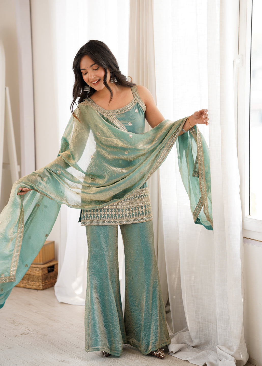 Evanik Seagreen Fendi Silk Embroidery Sequins and Zari Work Kurta Pants with Dupatta