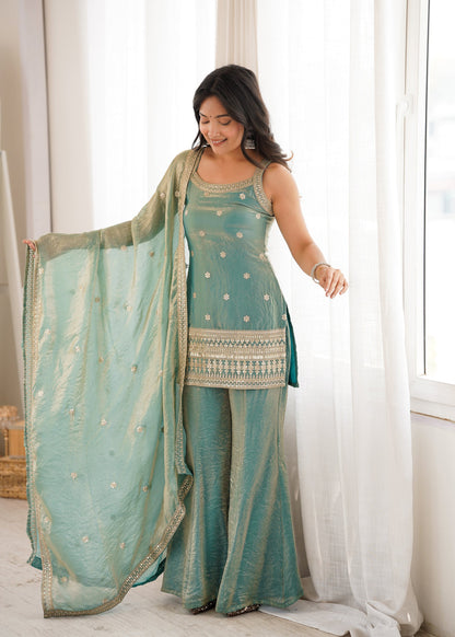 Lorenvalley Fashion Seagreen Fendy Silk Fabric With Embroidery Sequence Dori And Jari Work Bell Bottom Pant With Dupatta