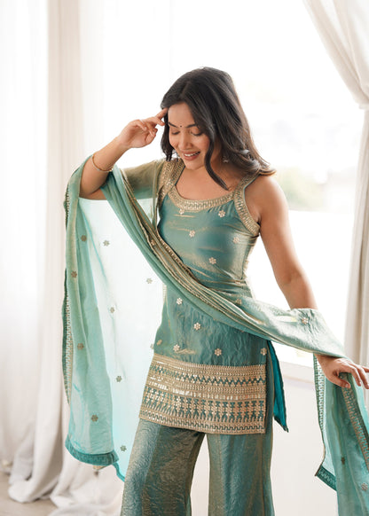 Lorenvalley Fashion Seagreen Fendy Silk Fabric With Embroidery Sequence Dori And Jari Work Bell Bottom Pant With Dupatta