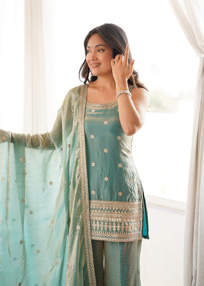 Evanik Seagreen Fendi Silk Embroidery Sequins and Zari Work Kurta Pants with Dupatta