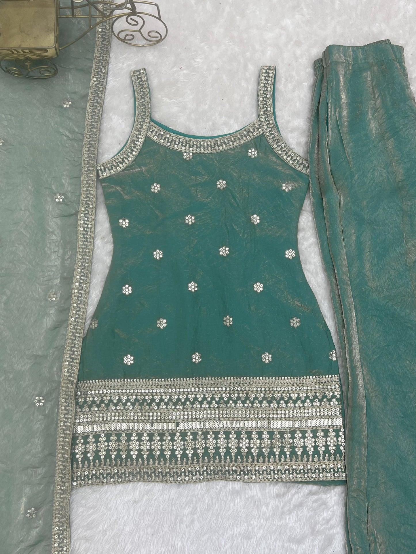 Lorenvalley Fashion Seagreen Fendy Silk Fabric With Embroidery Sequence Dori And Jari Work Bell Bottom Pant With Dupatta
