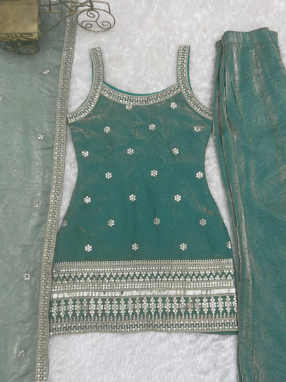 Lorenvalley Fashion Seagreen Fendy Silk Fabric With Embroidery Sequence Dori And Jari Work Bell Bottom Pant With Dupatta