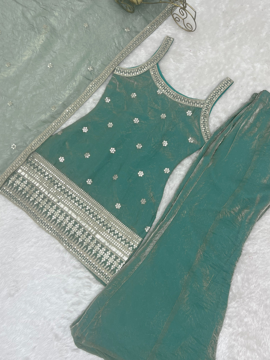 Evanik Seagreen Fendi Silk Embroidery Sequins and Zari Work Kurta Pants with Dupatta
