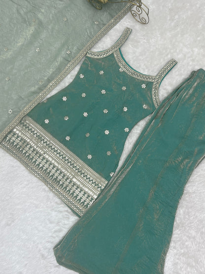 Evanik Seagreen Fendi Silk Embroidery Sequins and Zari Work Kurta Pants with Dupatta