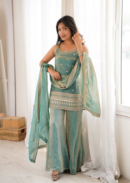 Evanik Seagreen Fendi Silk Embroidery Sequins and Zari Work Kurta Pants with Dupatta