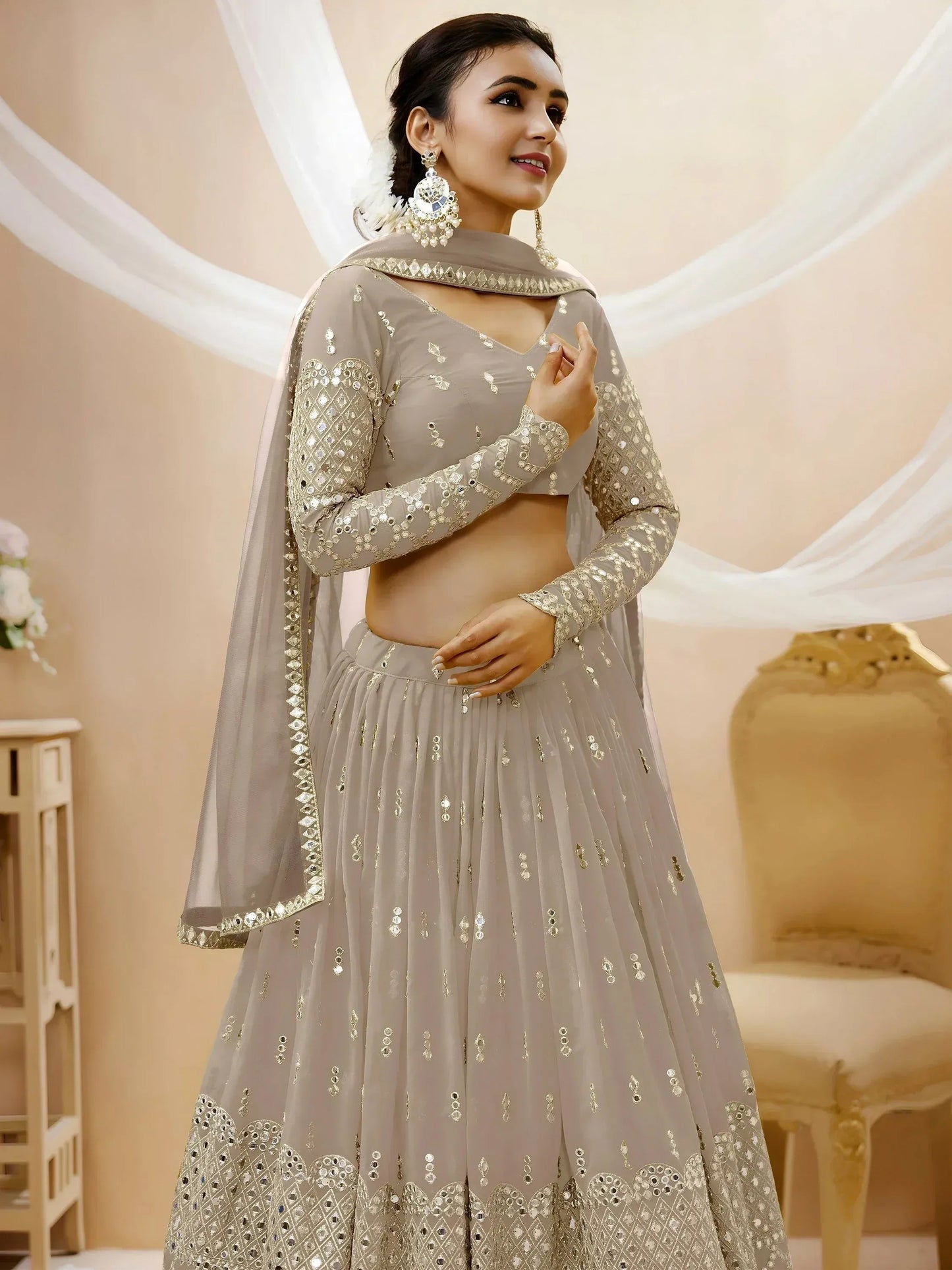 Tulsi Art Magnetic Grey Zari Work Georgette Reception Wear Lehenga Choli