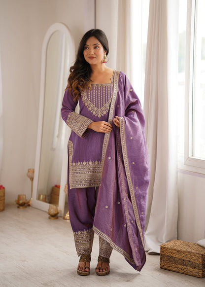 Lorenvalley Fashion Onionpink Vichitra Silk Embroidery Sequence Dori and Jari Work Kutra Farshi Salwar with Dupatta