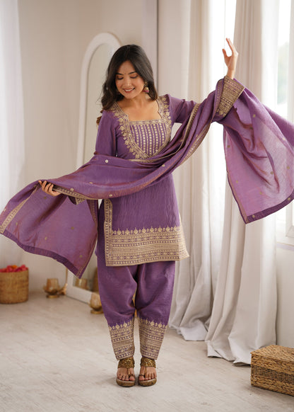 Lorenvalley Fashion Onionpink Vichitra Silk Embroidery Sequence Dori and Jari Work Kutra Farshi Salwar with Dupatta