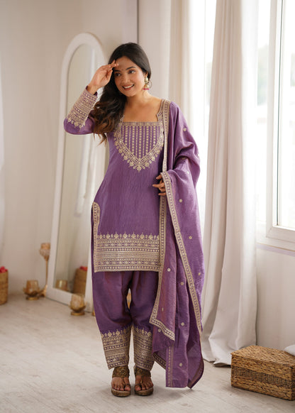 Lorenvalley Fashion Onionpink Vichitra Silk Embroidery Sequence Dori and Jari Work Kutra Farshi Salwar with Dupatta