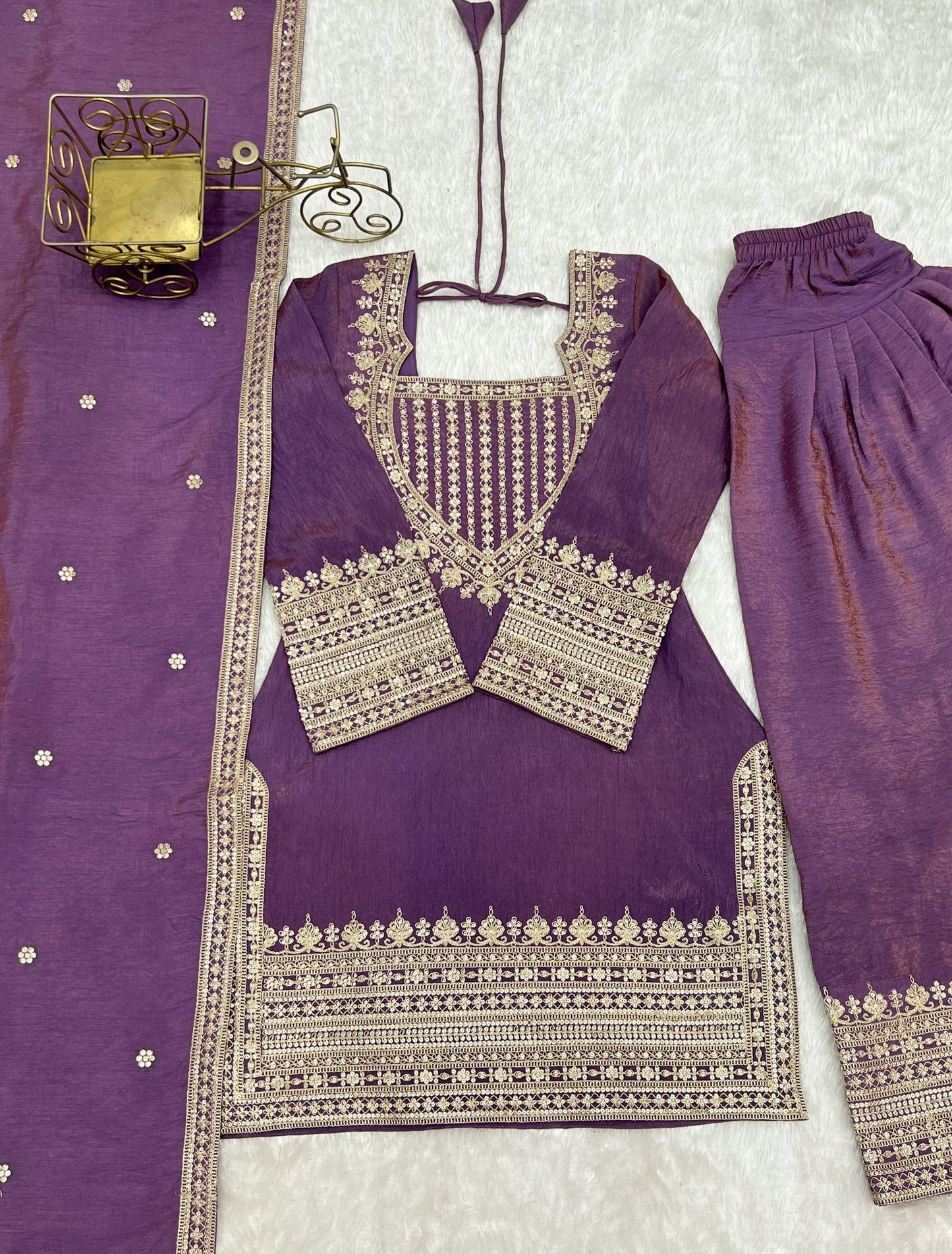 Lorenvalley Fashion Onionpink Vichitra Silk Embroidery Sequence Dori and Jari Work Kutra Farshi Salwar with Dupatta