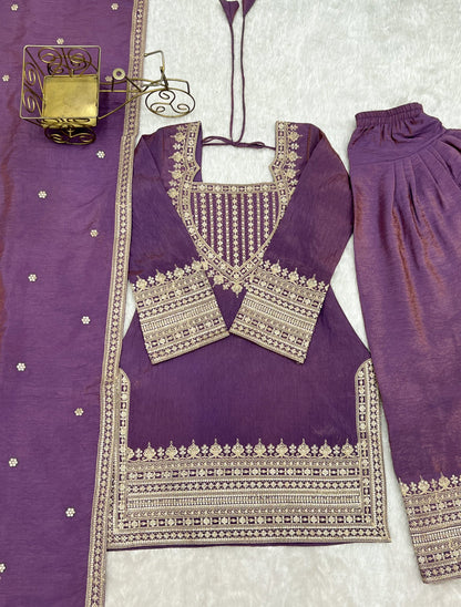 Lorenvalley Fashion Onionpink Vichitra Silk Embroidery Sequence Dori and Jari Work Kutra Farshi Salwar with Dupatta