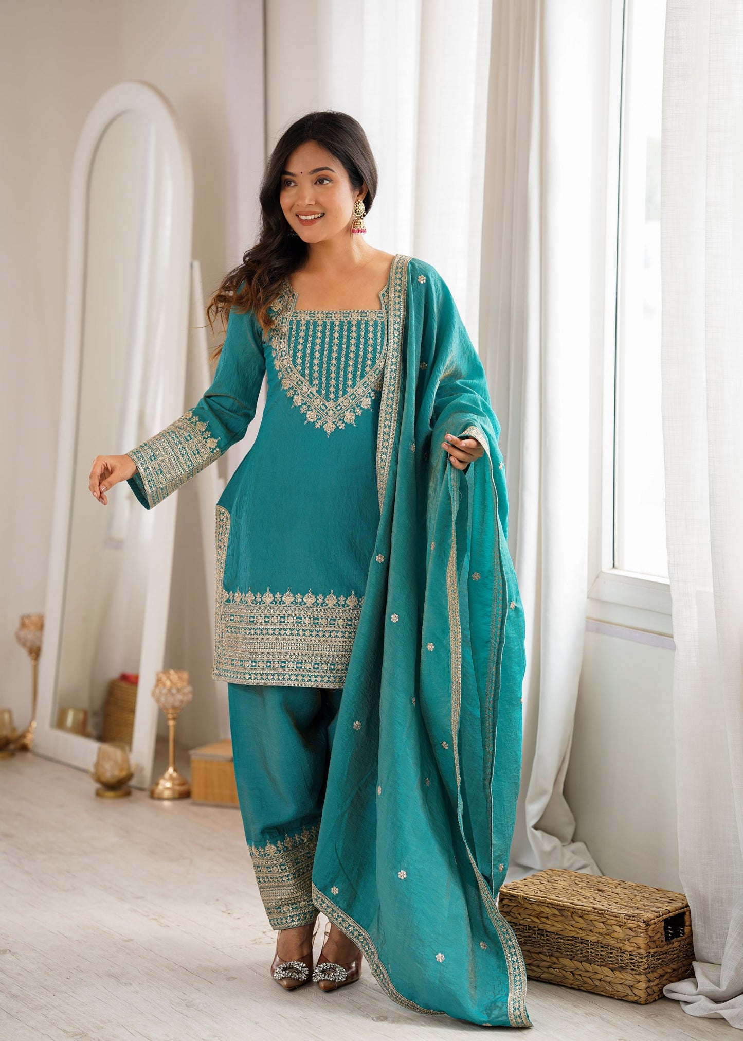 Lorenvalley Fashion Teal Vichitra Silk Embroidery Sequence Dori And Jari Work Kutra Farshi Salwar With Dupatta