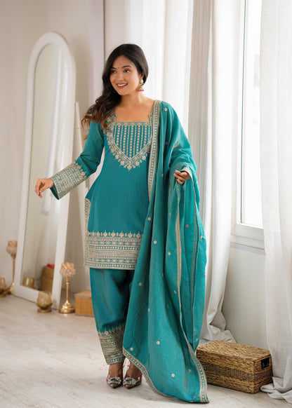 Lorenvalley Fashion Teal Vichitra Silk Embroidery Sequence Dori And Jari Work Kutra Farshi Salwar With Dupatta