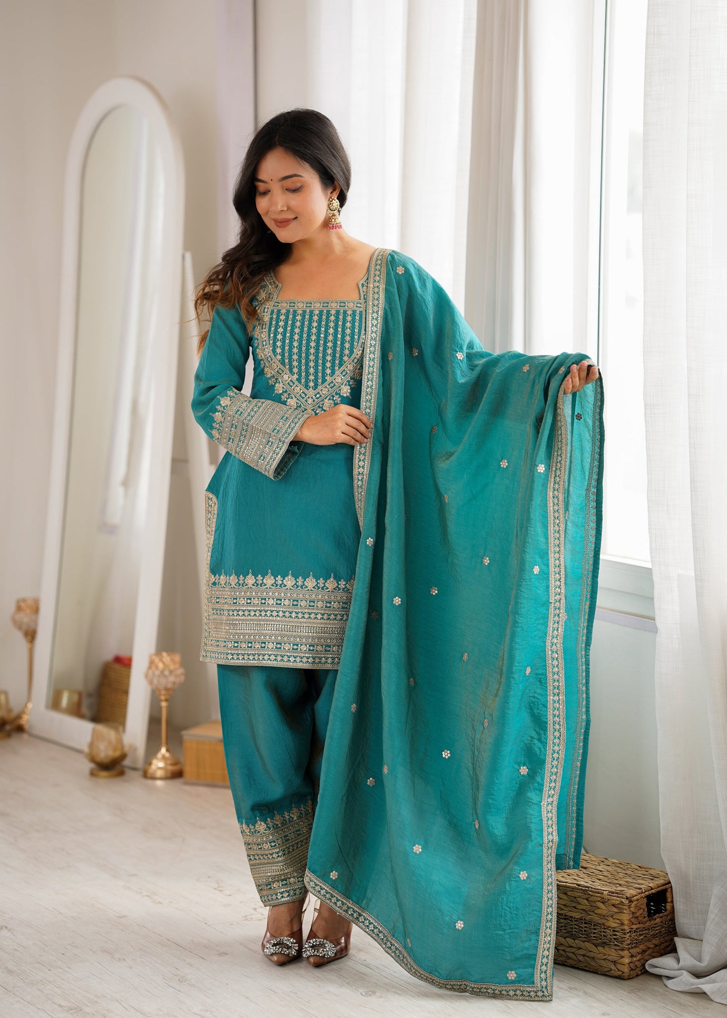 Lorenvalley Fashion Teal Vichitra Silk Embroidery Sequence Dori And Jari Work Kutra Farshi Salwar With Dupatta